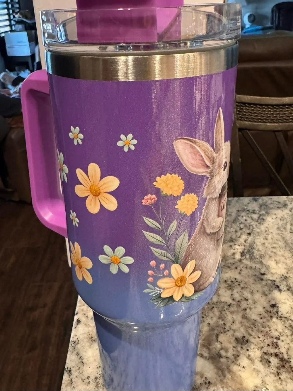 Hand Crafted Purple Bunny Floral Coffee Tumbler NEW IN BOX WITH STRAW